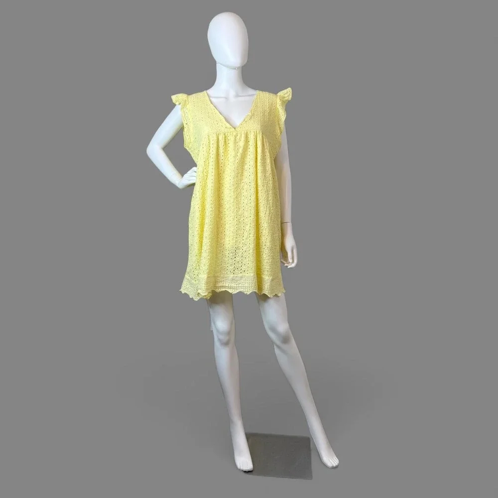 Yellow Eyelet V-Neck Ruffle Sleeve Babydoll Mini Dress XL Womens